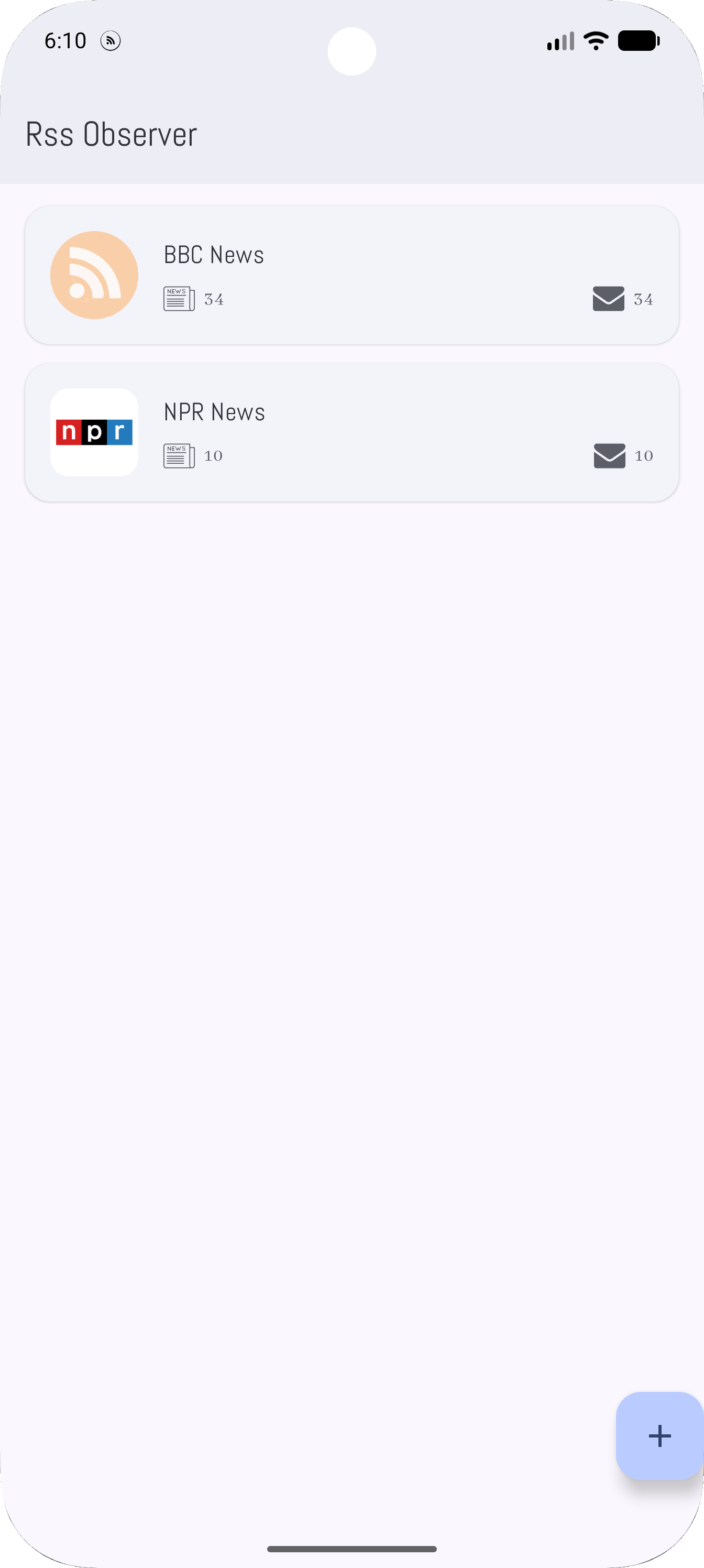RSS Observer on a phone showing the feed list